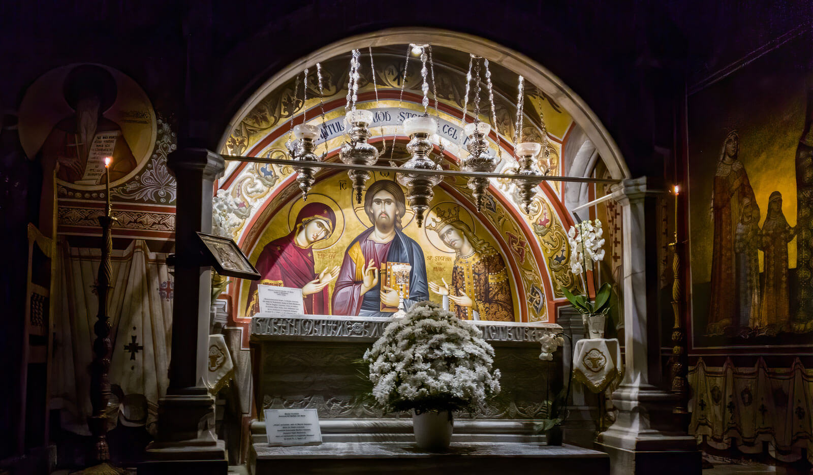 The tomb of Holy Voivode Stephen the Great inside the Putna Monastery church.